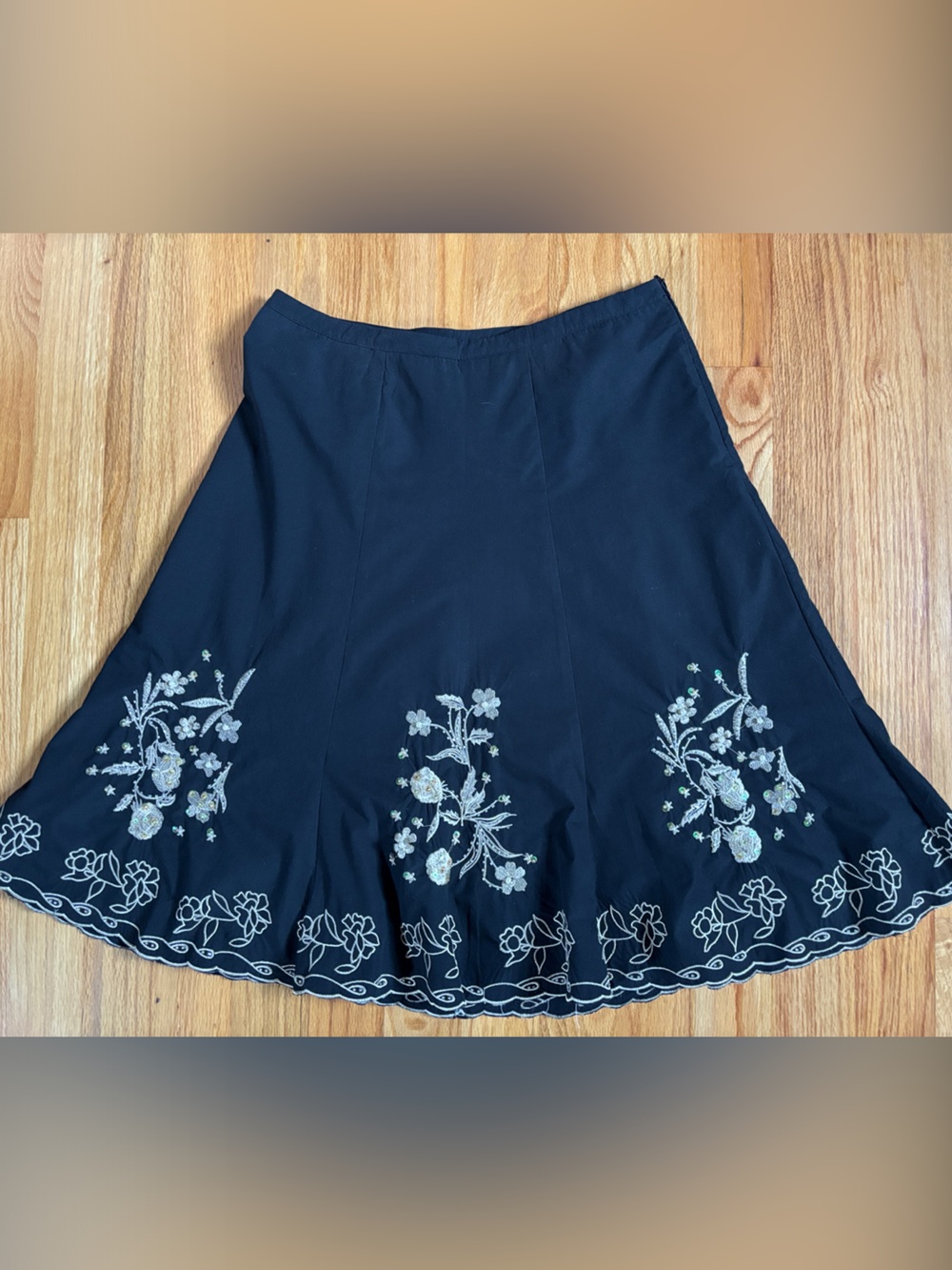 Vintage Embroidered Black Circle Skirt with Floral Detail